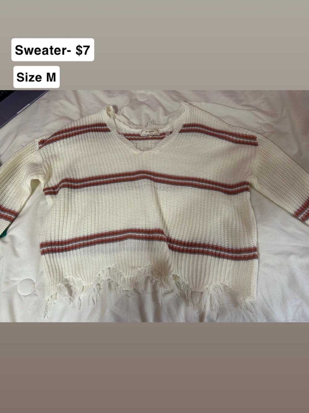 Distressed Stripe Knit Sweater - Cream with Rust Stripes